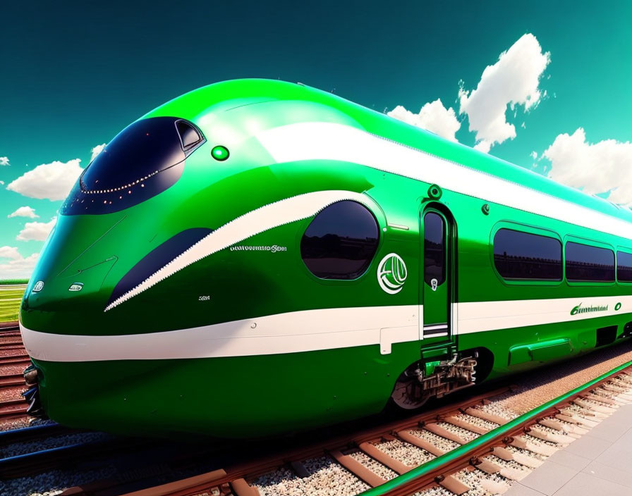 Green high-speed train on railroad tracks under blue sky.