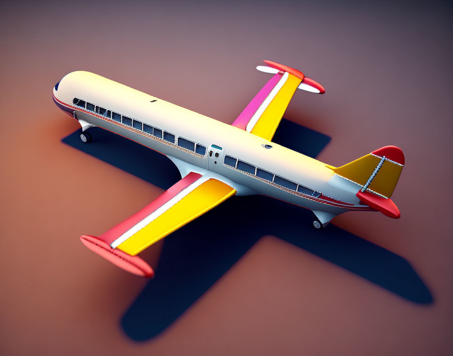 Vintage airplane illustration in yellow and red on blue and orange gradient.