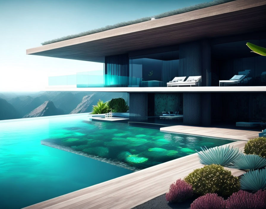 Luxurious infinity pool with mountain view and underwater lights by stylish house