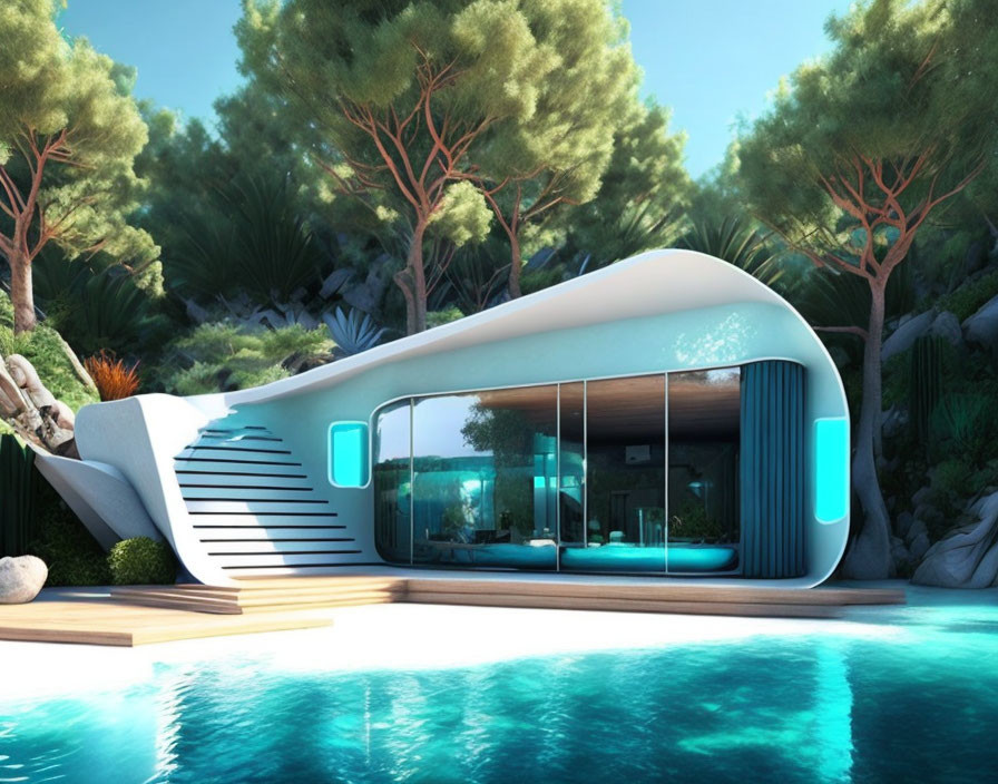 Curved futuristic house with large windows, pool, trees