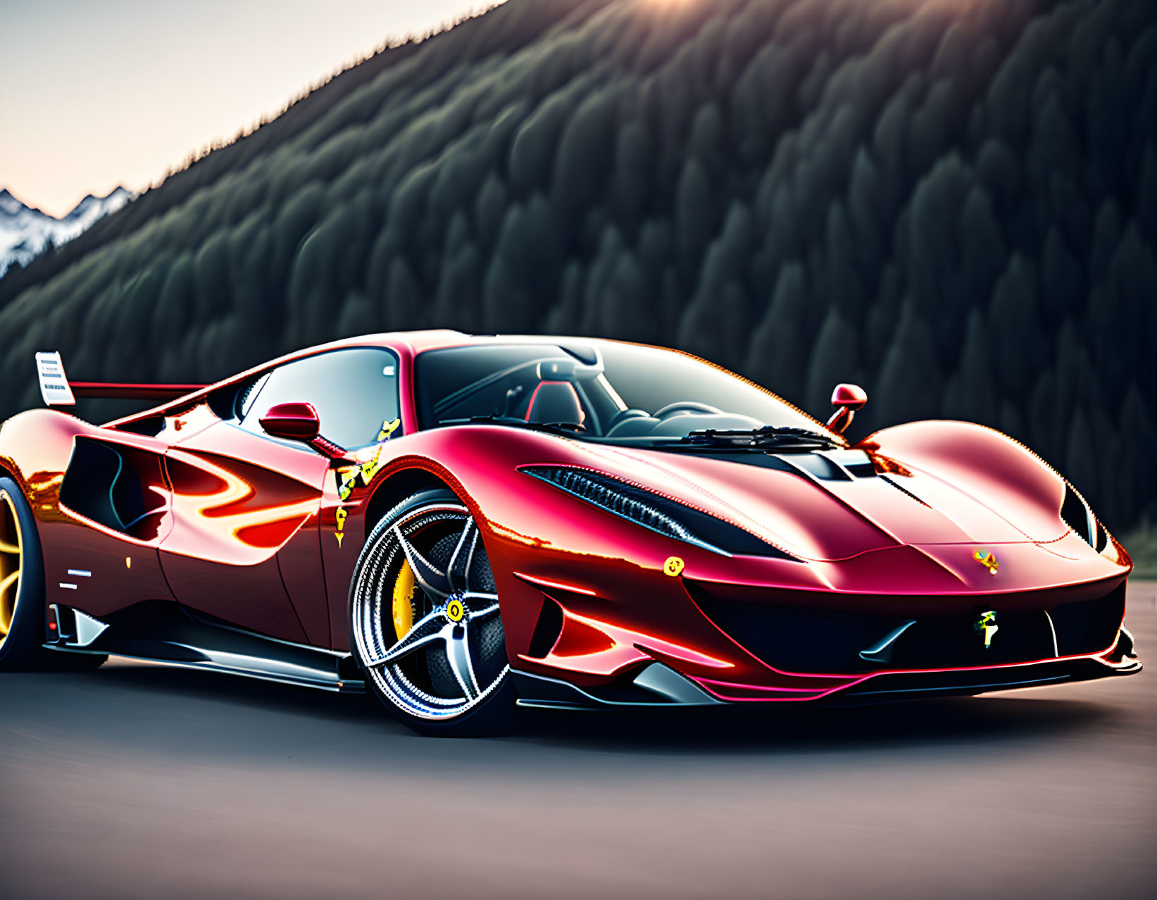 Red sports car with yellow emblem on mountain road at sunset.