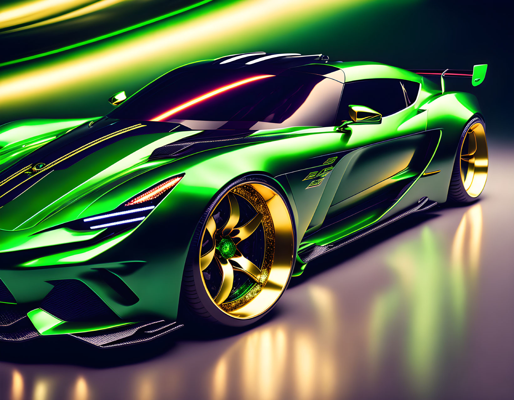 Sleek Green Sports Car with Gold Accents and Dynamic Lighting