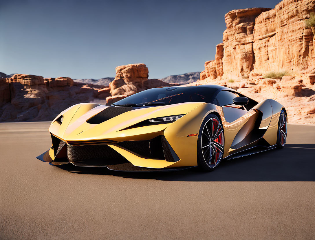 Yellow and Black Sports Car on Desert Road with Rocky Cliffs