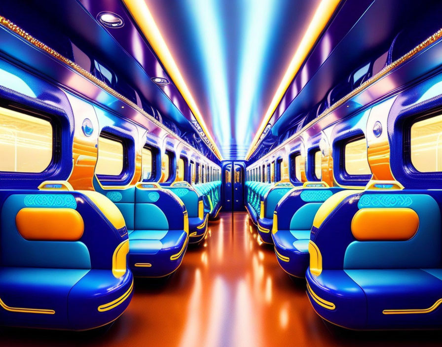 Futuristic train interior with blue and orange seats and neon lights