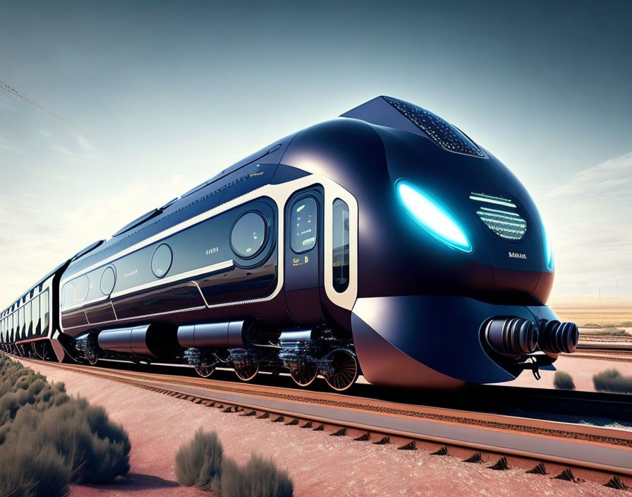 Sleek Blue and Black Futuristic Train Travels Through Desert