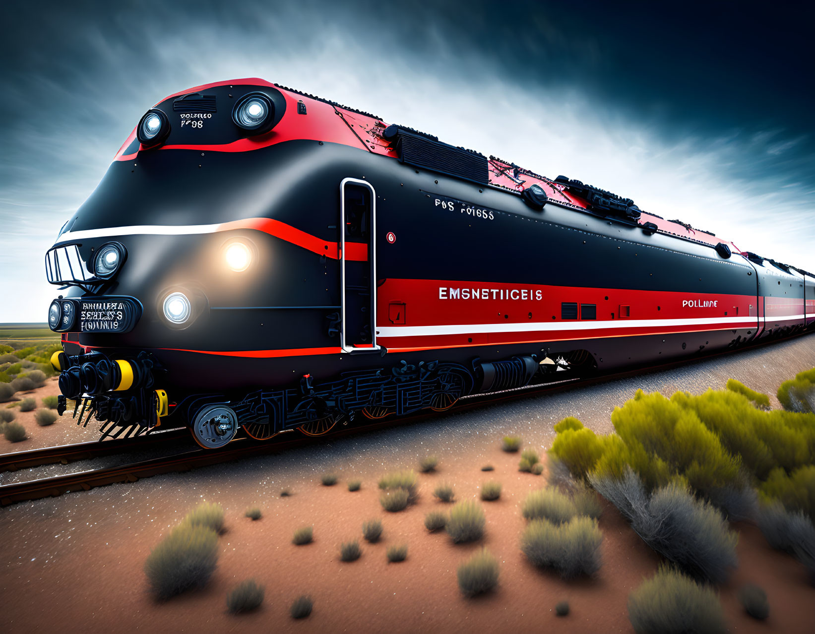 Modern red and black train with futuristic design in desert landscape