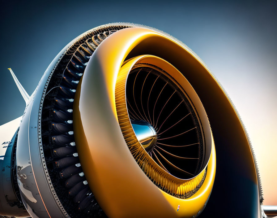 Detailed view of aircraft jet engine at twilight