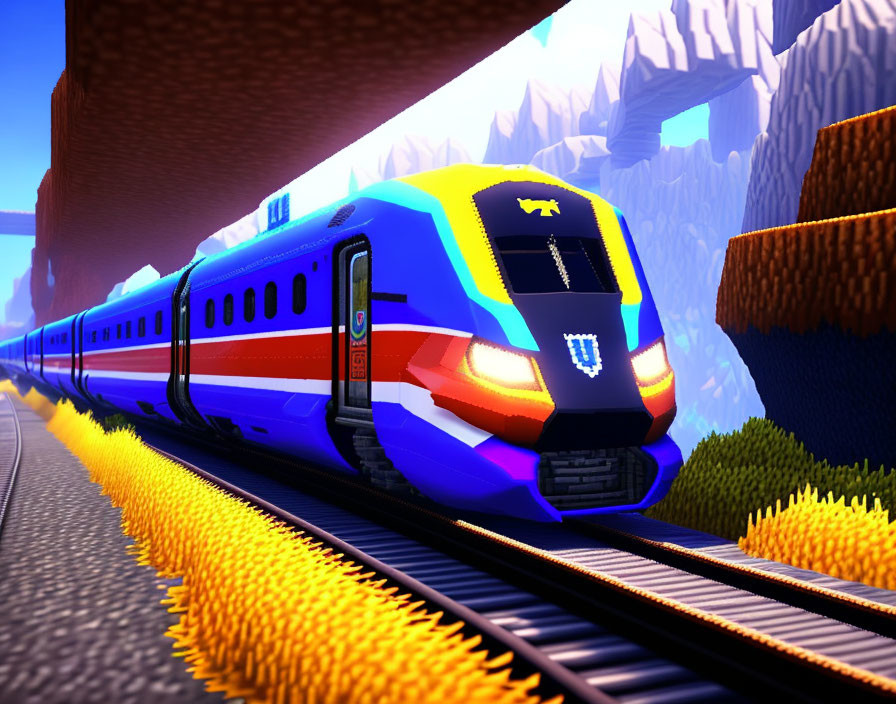 Colorful CGI image: Modern blue and red train on tracks in rocky terrain