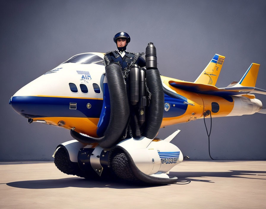 Person in pilot suit on futuristic hovercraft-like vehicle with branding details