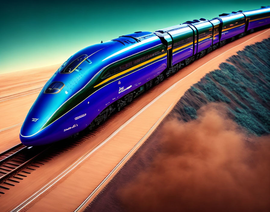 Blue high-speed train gliding on futuristic track in stylized landscape