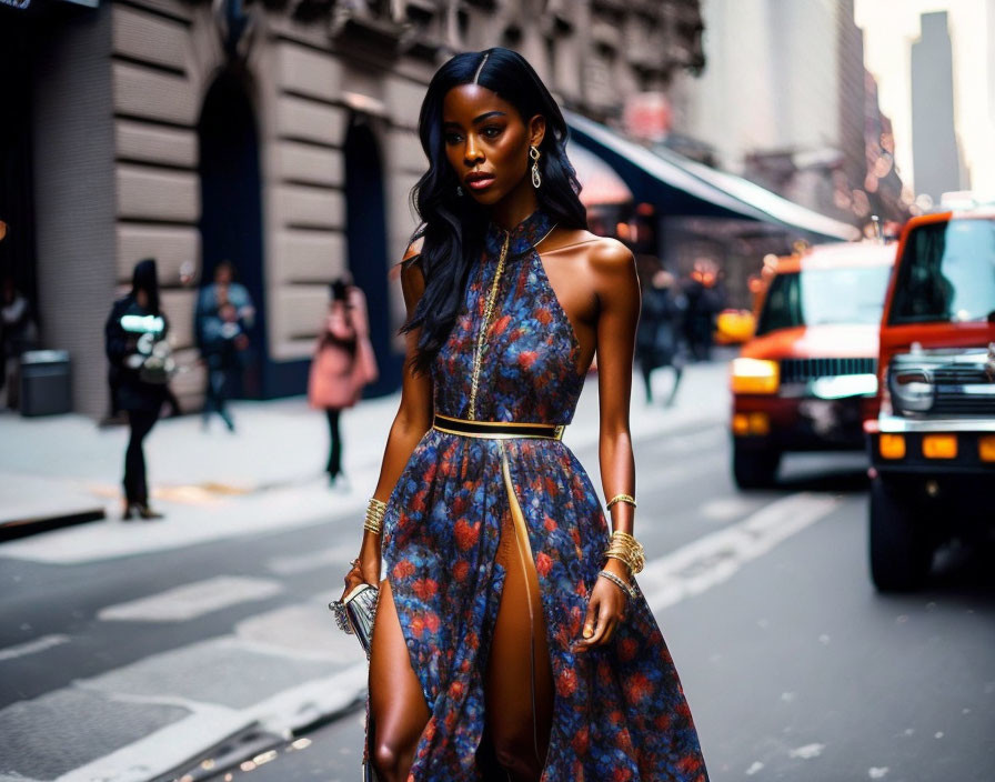 Stylish woman in blue dress with high slit on city street