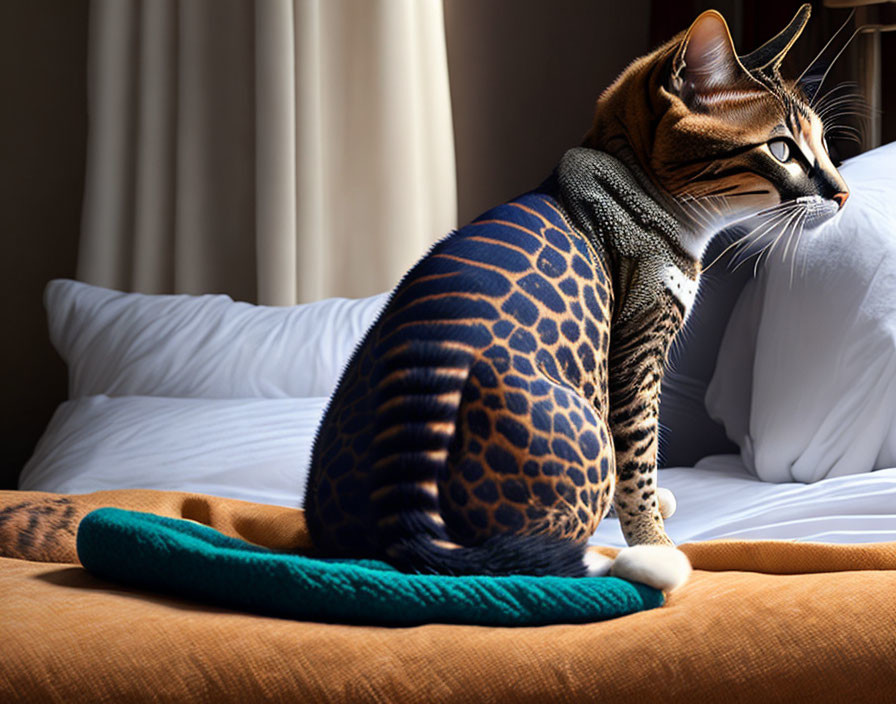 Cat with Giraffe-Patterned Fur on Bed with Teal Blanket