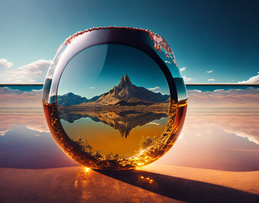 Surreal mountain reflection in glossy sphere against cloudy sky