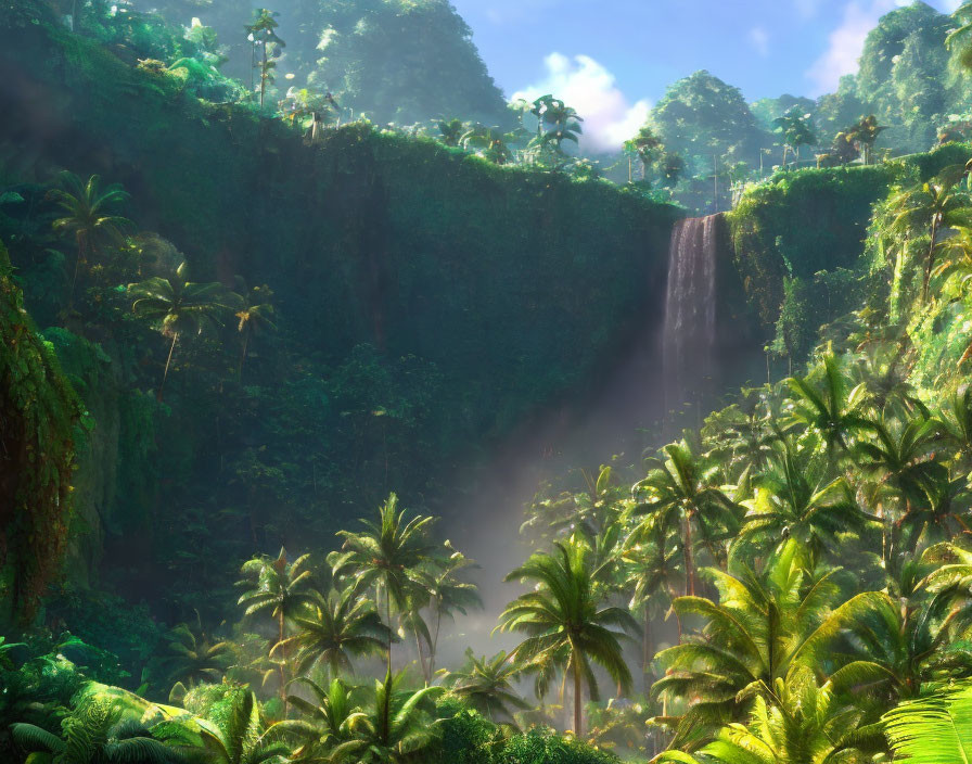 Tropical forest with waterfall, palm trees, and sunlight