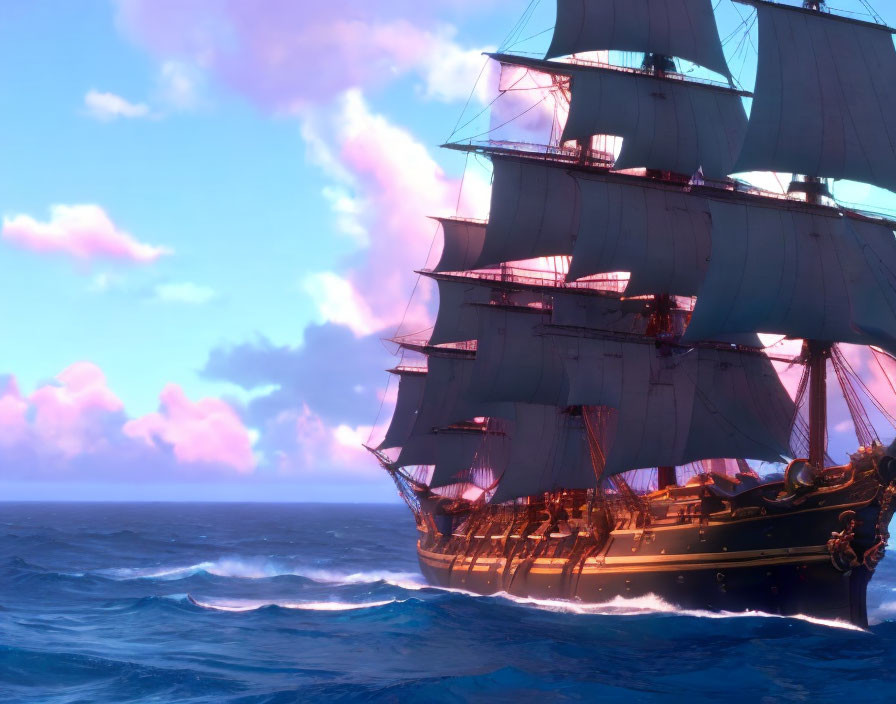 Sailing ship with full sails on blue ocean under vibrant sunset sky