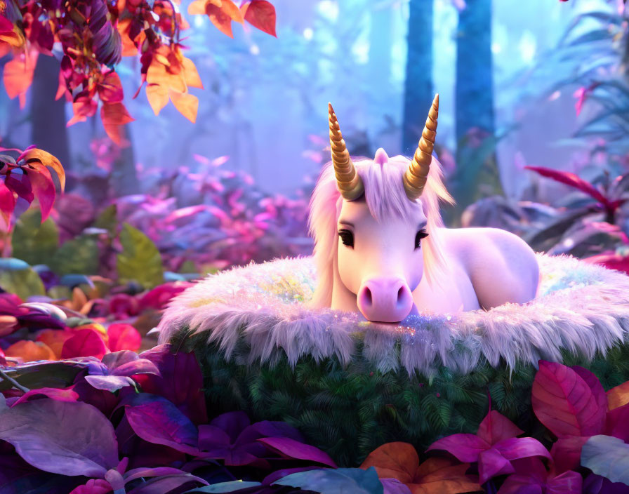 Majestic unicorn with golden horn in lush forest setting