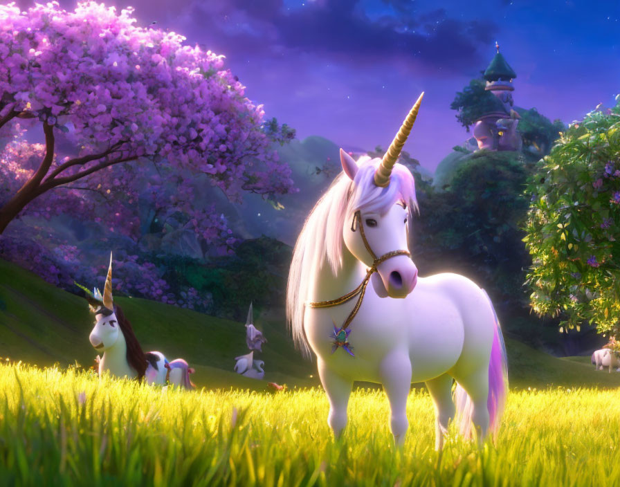 White unicorn with golden horn in vibrant meadow with pink trees and castle under sunset sky