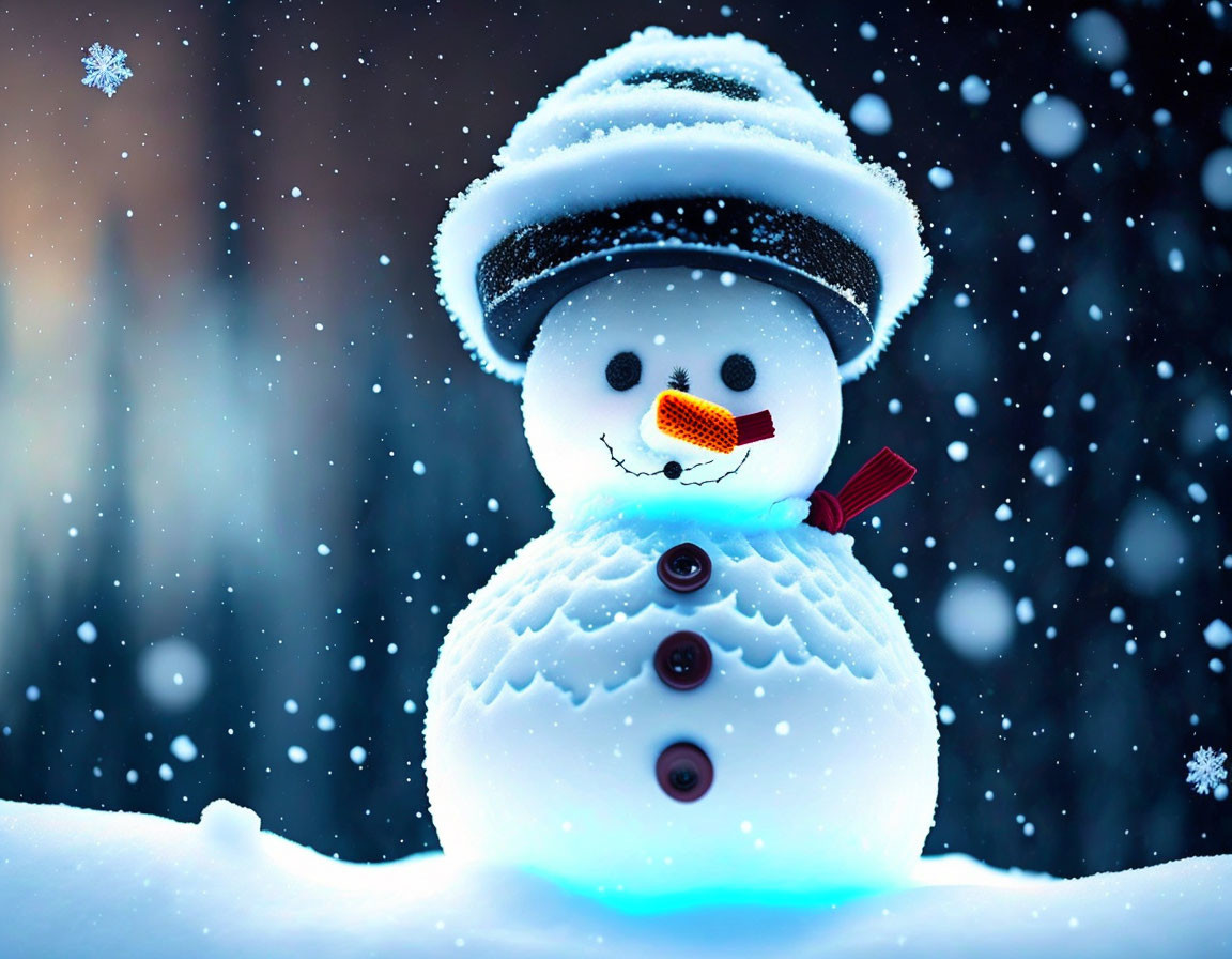 Cheerful snowman with top hat, carrot nose, and scarf in snowy scene