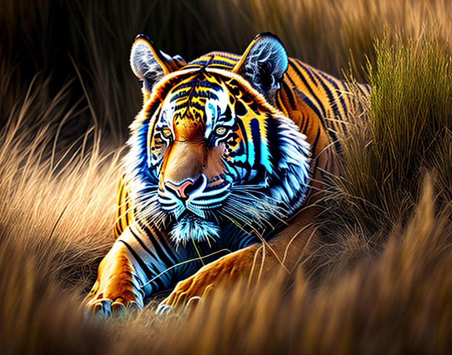 Colorful Tiger Resting in Golden Grass with Blue and Orange Accents