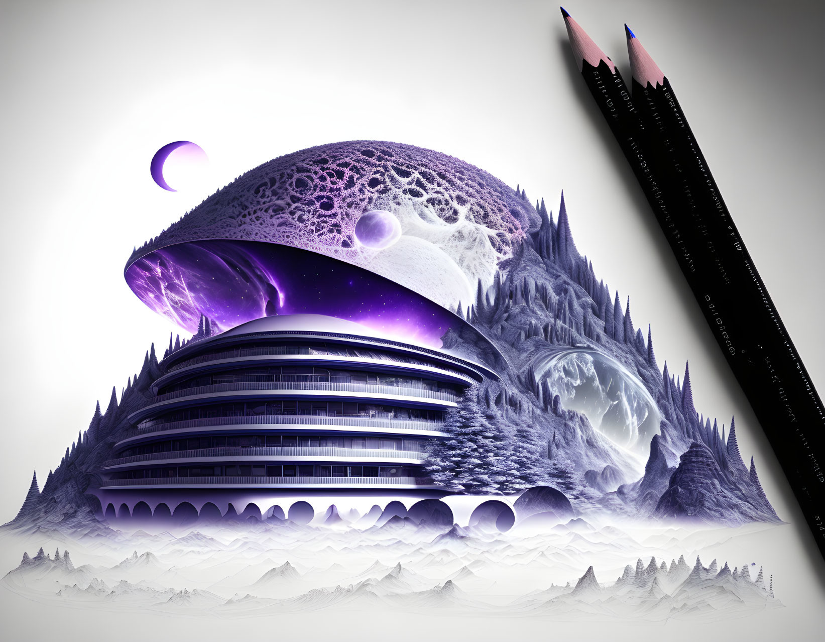 Surreal illustration: futuristic building, icy mountains, cosmic elements, two pencils