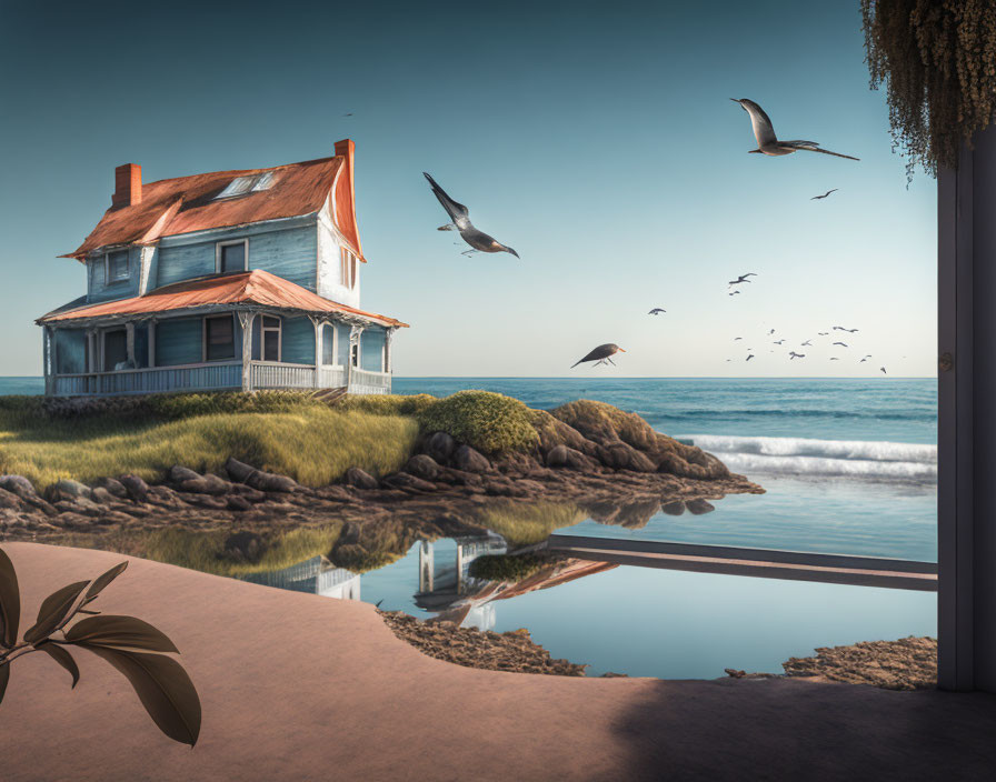 Tranquil coastal scene with two-story house, calm water, seabirds, and blue sky