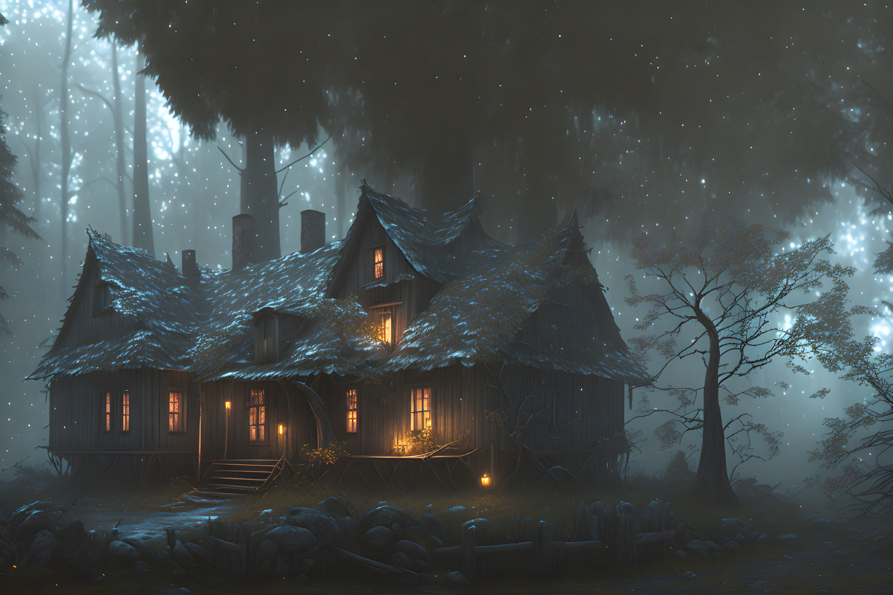 Enchanting two-story cottage in foggy forest with warm lights