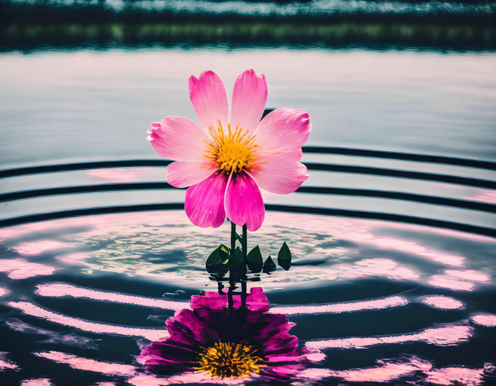 Pink Lotus Flower Blooming Above Water with Reflection