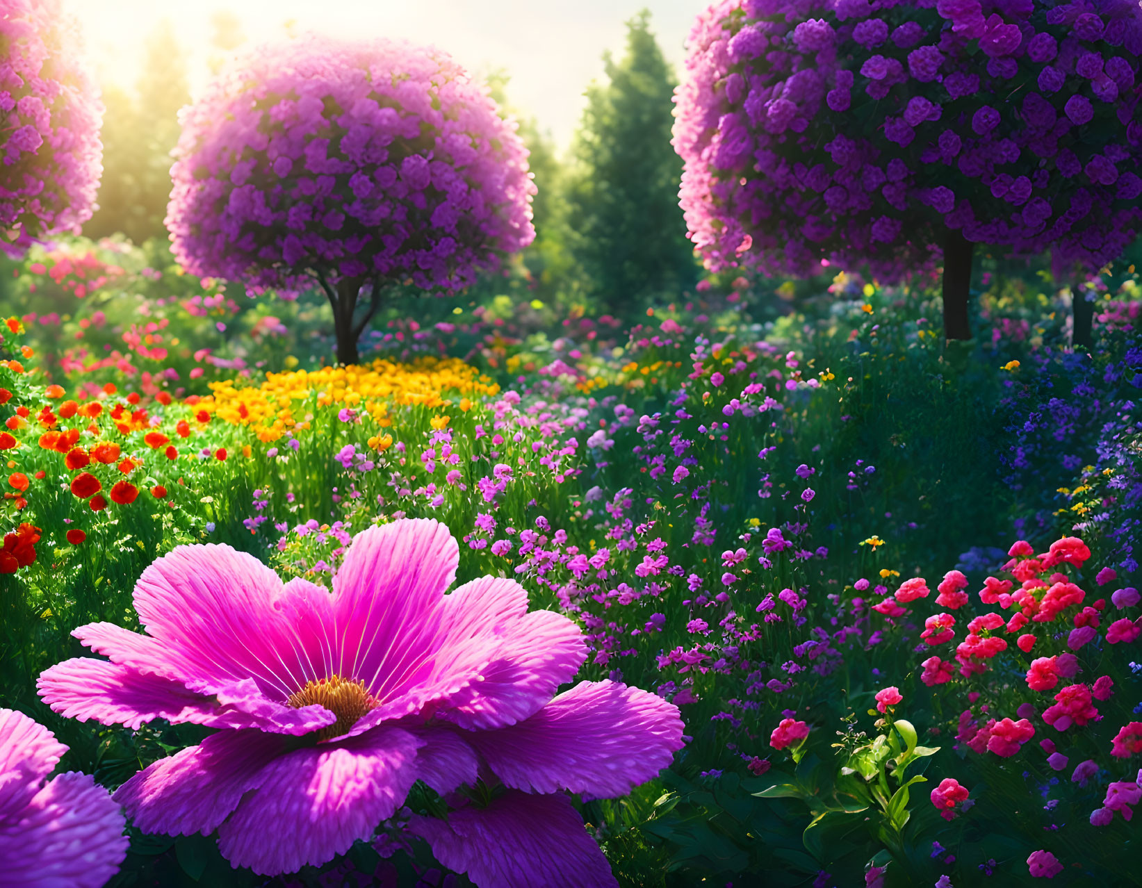 Colorful Garden with Pink Cosmos, Assorted Flowers, and Purple Trees under Sunny Sky