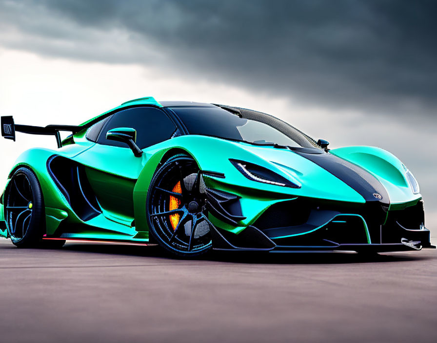 Sleek teal and black sports car with rear wing under moody sky