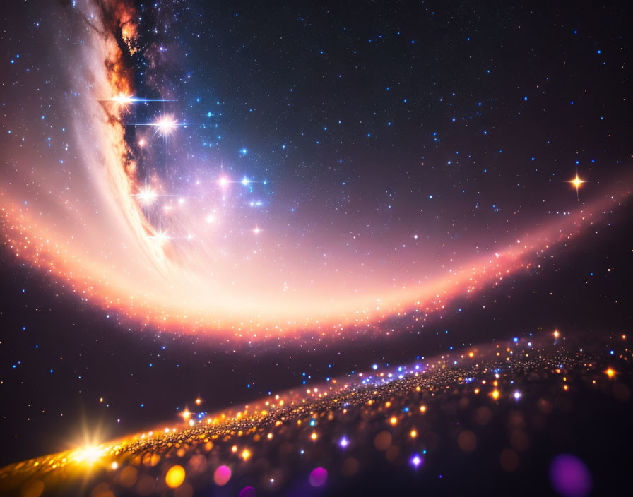 Colorful cosmic scene with galaxy, star trails, and nebulous clouds in space