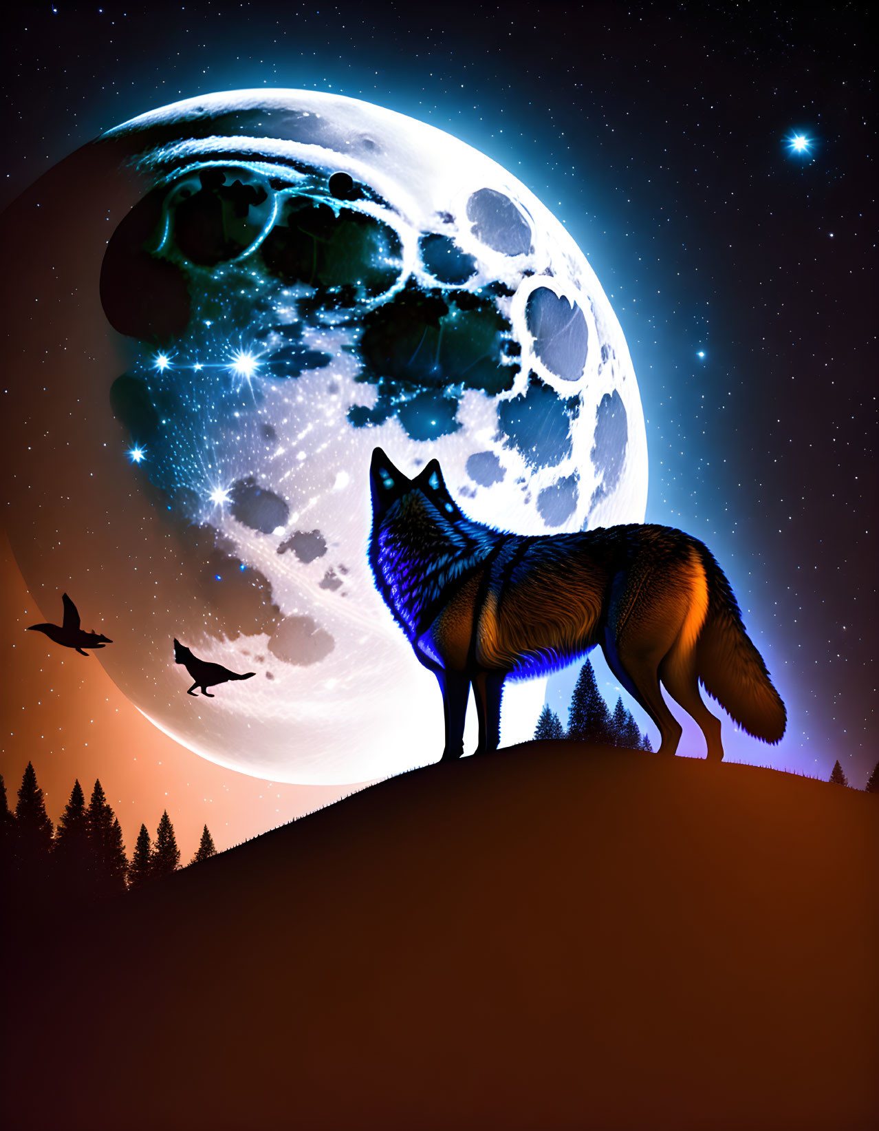 Wolf silhouette on hill under detailed moon and starlit sky