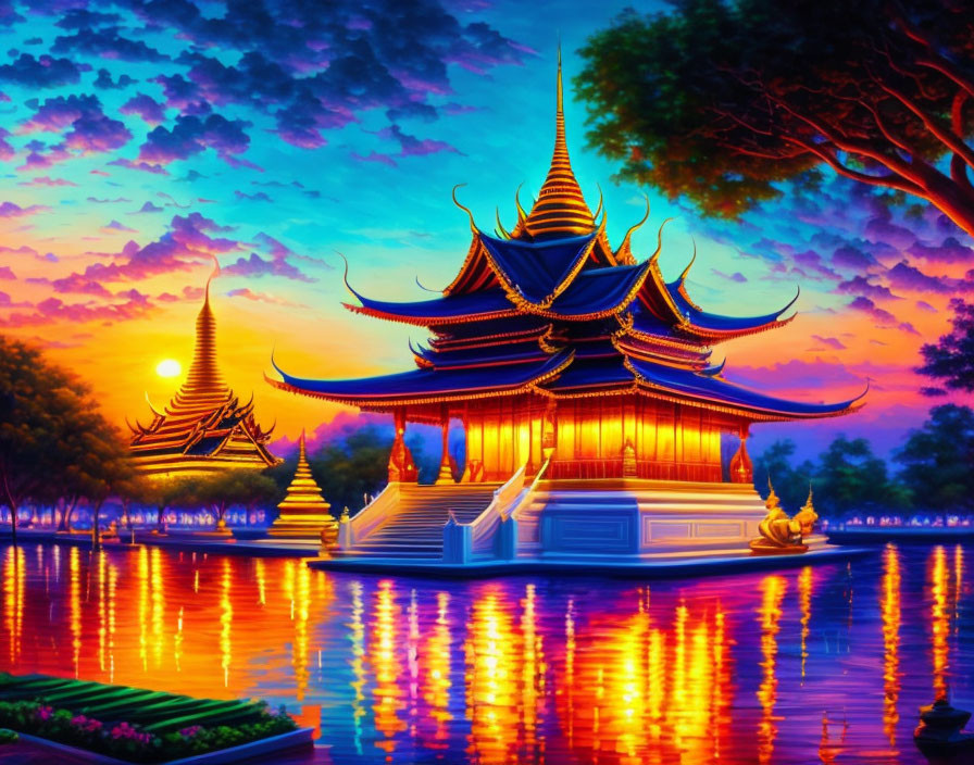 Traditional Thai temple painting at sunset with water reflection and purple sky.