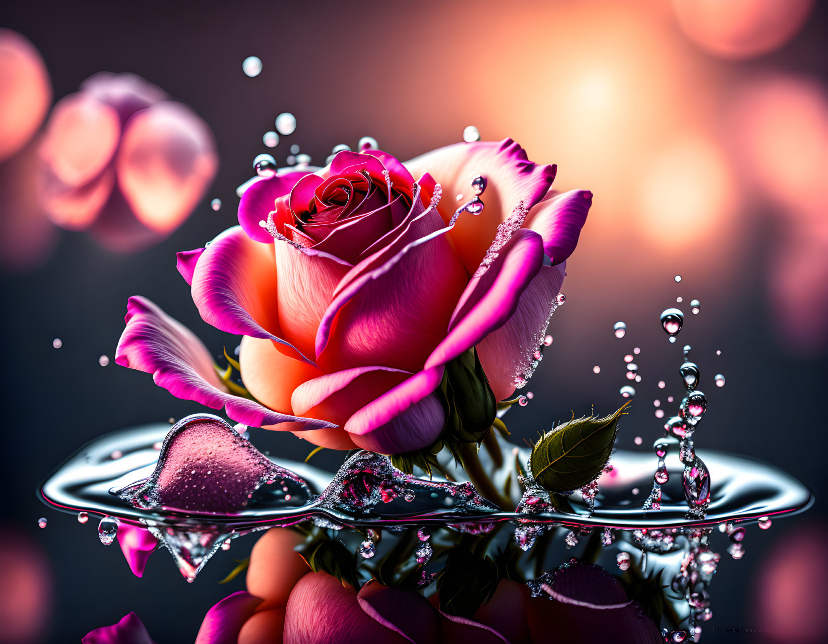 Pink and Yellow Rose with Water Droplets on Bokeh Background