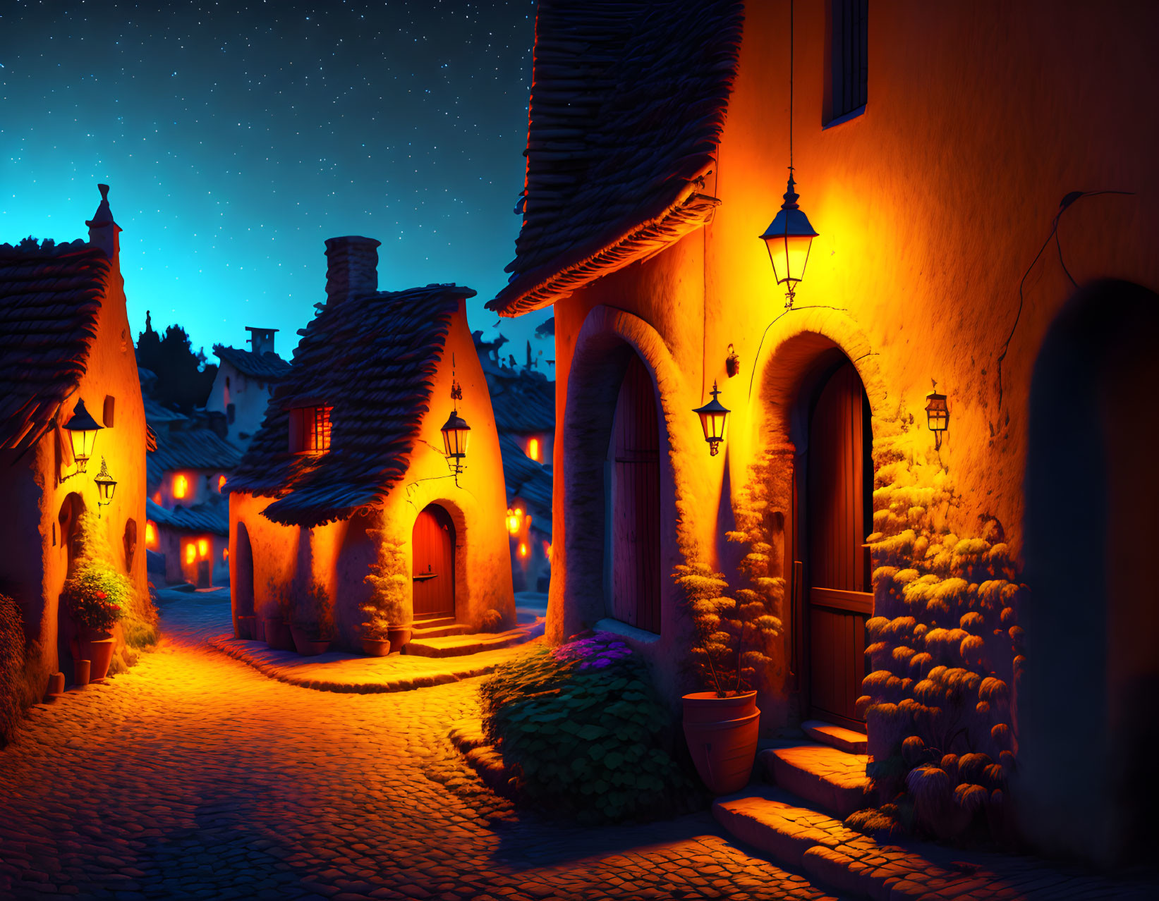 Idyllic village cobblestone street at night with starry sky and warm glow.