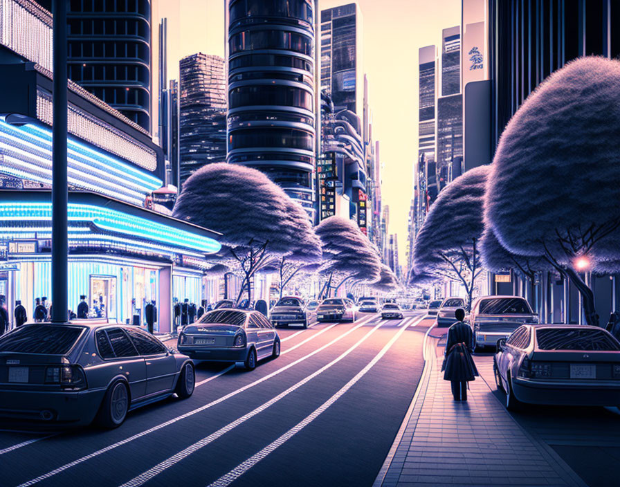 Futuristic cityscape with neon lights, stylized trees, vintage cars, and lone figure.