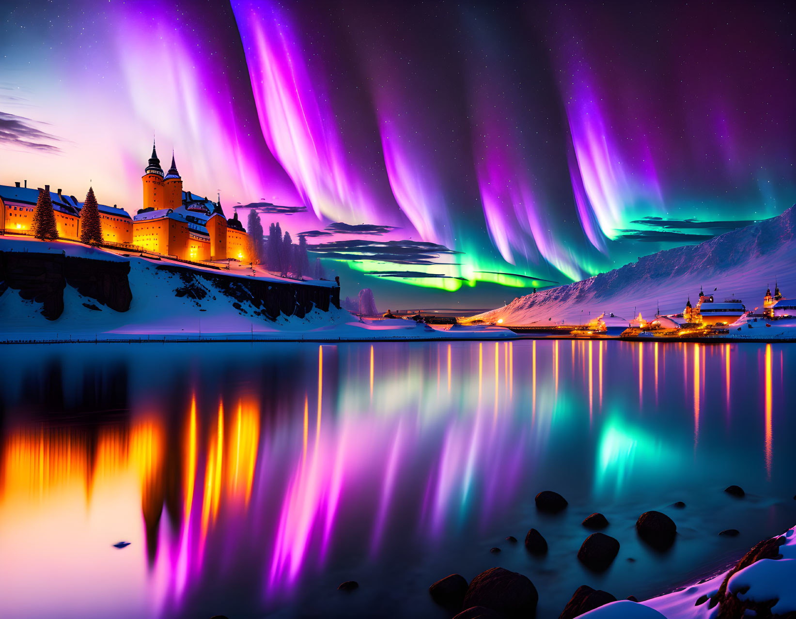 Majestic castle at night with Northern Lights reflecting on water