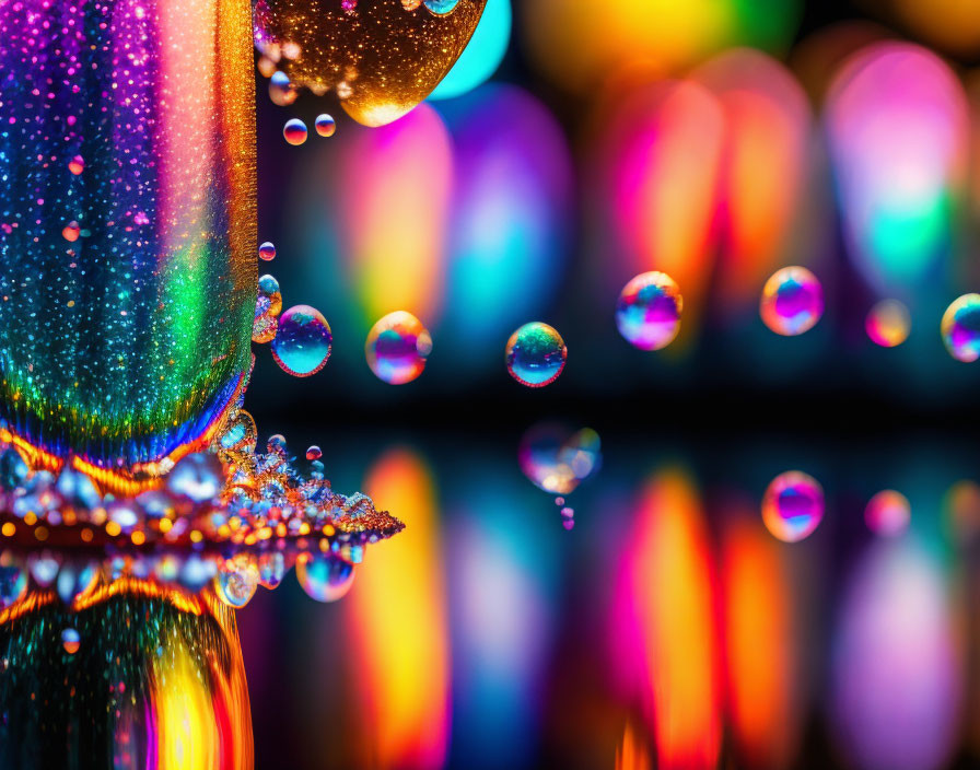 Colorful Bokeh Light Effects Reflecting in Water Droplets Close-Up