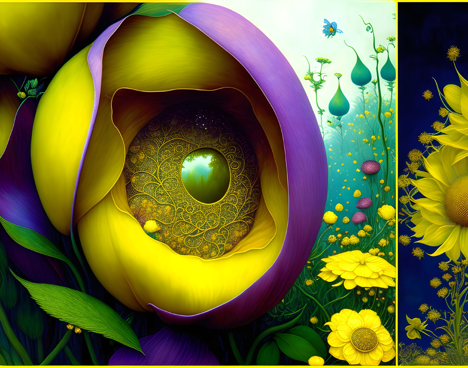 Surreal oversized flower with intricate eye center in vibrant digital art