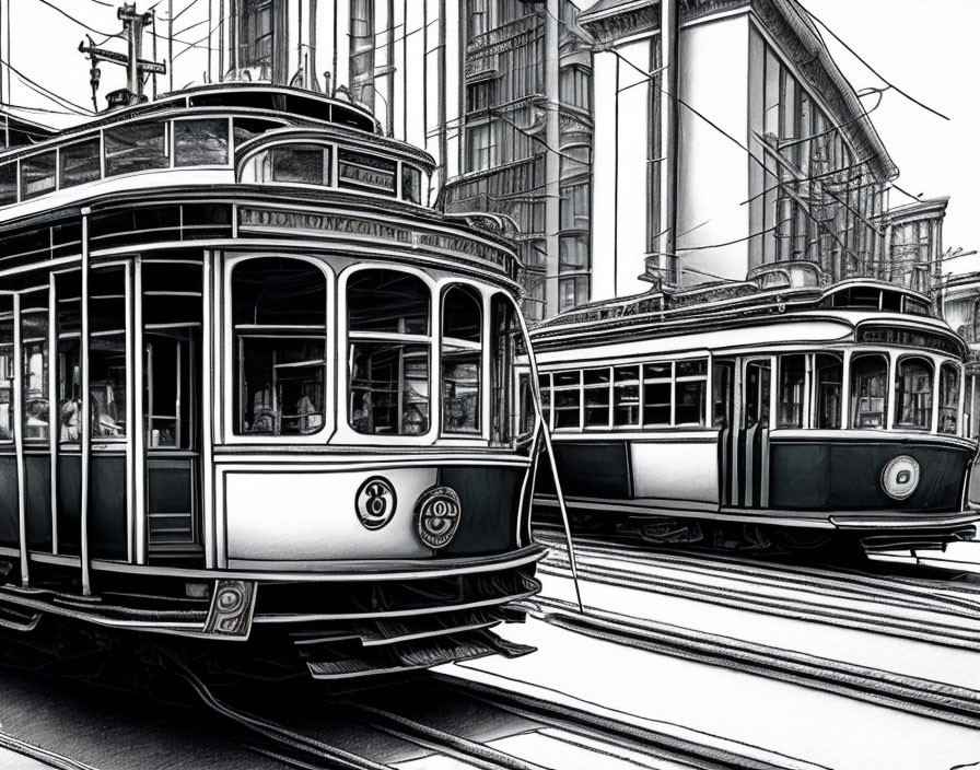 Detailed black & white illustration of vintage trams on city tracks with electric cables.