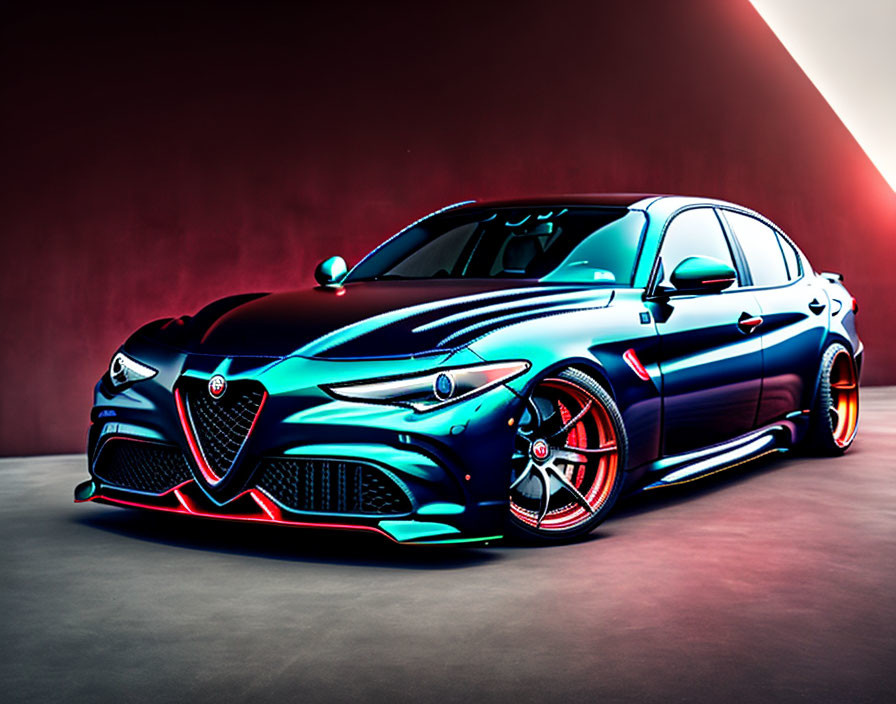 Black Alfa Romeo sports sedan with red accents and dramatic lighting