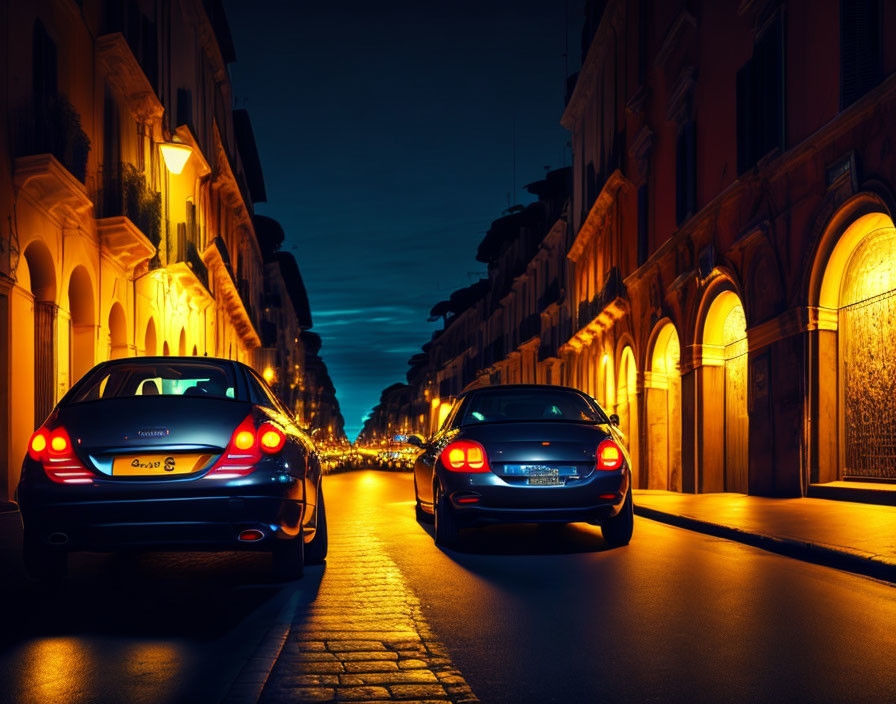 Night scene: Two cars parked on dimly-lit street with glowing horizon.