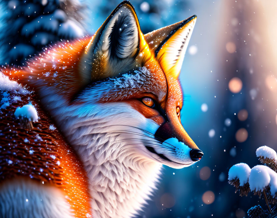 Colorful Winter Scene: Red Fox in Snowfall