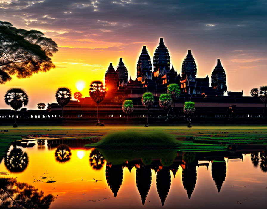 Sunrise silhouette of Angkor Wat temple with vibrant skies and trees