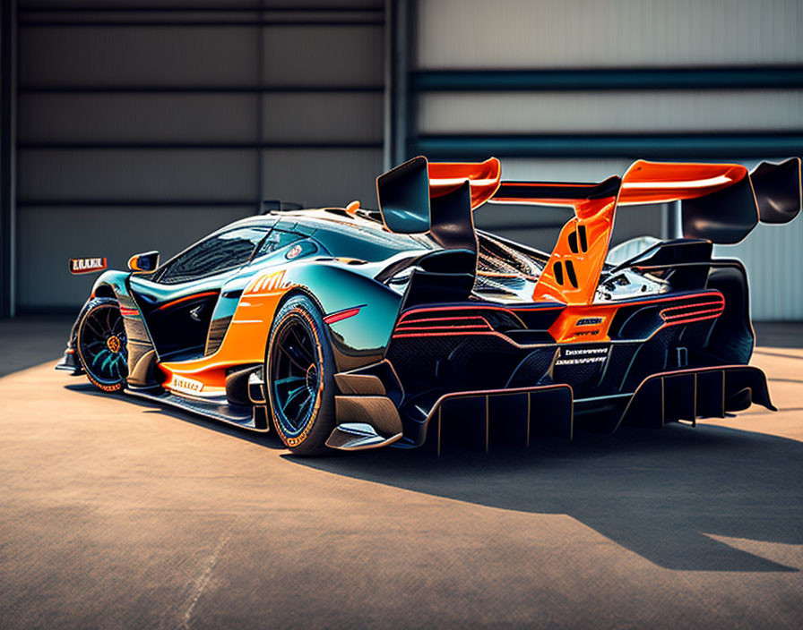 Dynamic Teal, Black, and Orange Race Car with Rear Spoiler