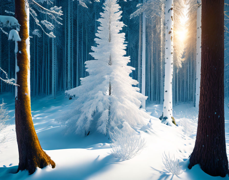 Snowy forest scene: White tree in sunlight, dark trunks, untouched snow