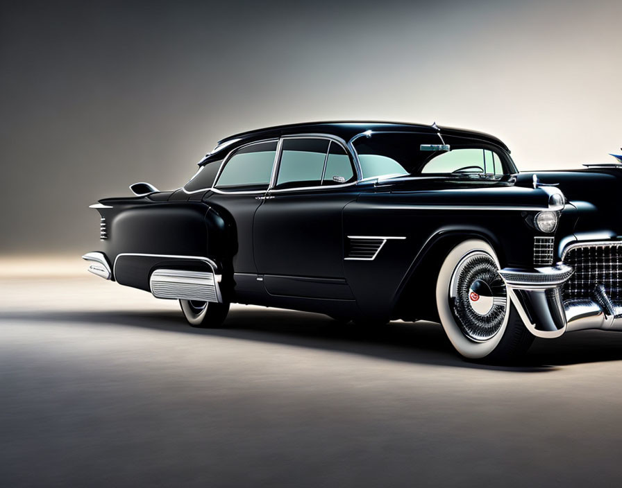 Classic vintage black car with chrome accents and tailfins in studio setting