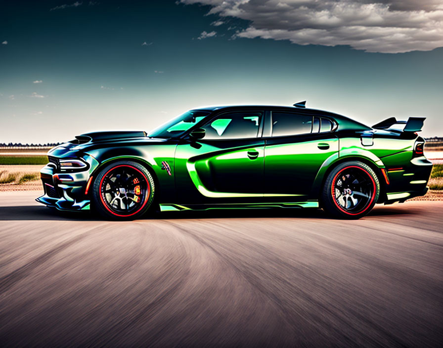 Bright Green Sports Car with Racing Stripes and Black Detailing on Asphalt Road