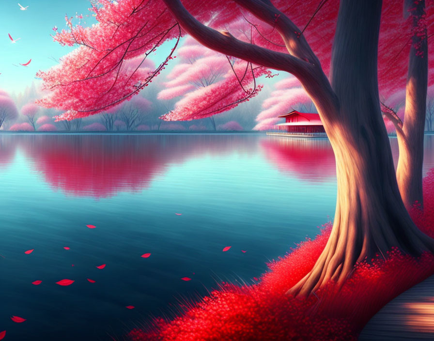 Tranquil lake scene with cherry blossoms, tree, petals, and red pavilion