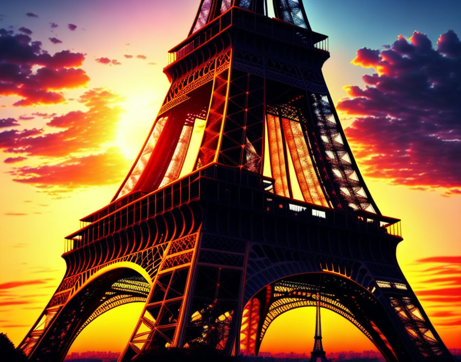 Iconic Eiffel Tower at sunset with vibrant fiery sky