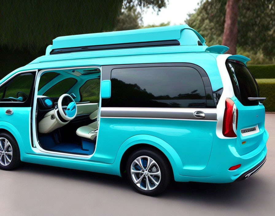 Turquoise futuristic minivan with open door in front of greenery.